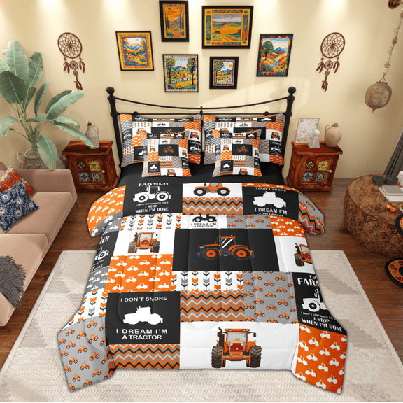 Manfei Harvester Excavator 7-Piece Bedding Comforter Set,Geometric Waves Striped King Bedding Sets,Orange Patchwork Grid Bed Sheets For Kids,Ultra Soft Home Decor Reversible