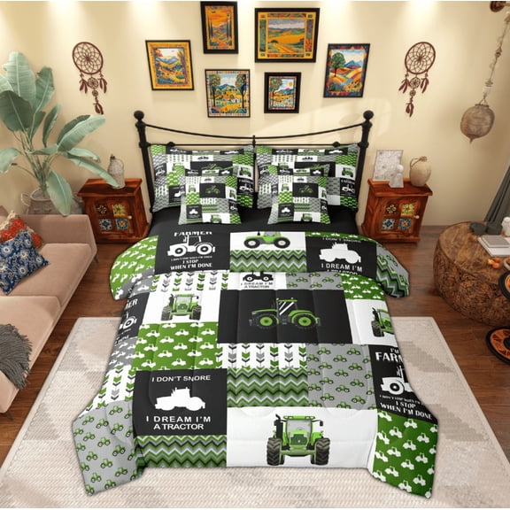 Manfei Harvester Excavator 7-Piece Twin Bedding Sets,Geometric Waves Striped Bedding Comforter Set,Green Patchwork Grid Sheet Sets For Kids,Ultra Soft Home Decor Reversible
