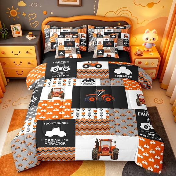 Manfei Harvester Excavator 7pcs Bedding Comforter Set,Geometric Waves Striped Queen Bedding Sets,Orange Patchwork Grid Queen Sheet Sets For Kids,Ultra Soft Home Decor Reversible