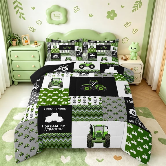 Manfei Harvester Excavator Bedding Comforter Set,Geometric Waves Striped Twin Comforter Sets,Green Patchwork Grid Bedding Set For Kids,Ultra Soft Home Decor Reversible,2-Piece