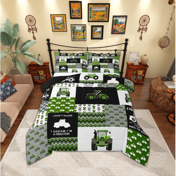 Manfei Harvester Excavator Bedding Comforter Set,Geometric Waves Striped Twin Comforter Sets,Green Patchwork Grid Bedding Set For Kids,Ultra Soft Home Decor Reversible,2-Piece