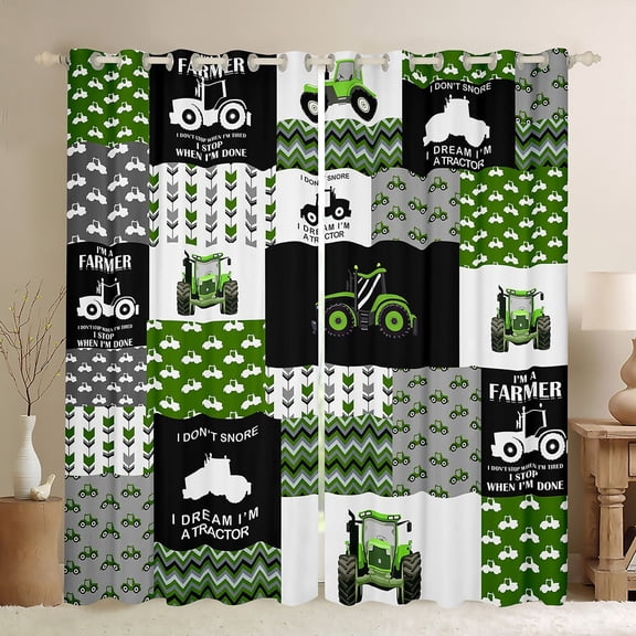 Manfei Harvester Excavator Curtains Pack of 2 (42x84 Each),Geometric Waves Striped Curtains Blackout,Green Patchwork Grid Bedroom Curtains For Kids,Ultra Soft Home Decor