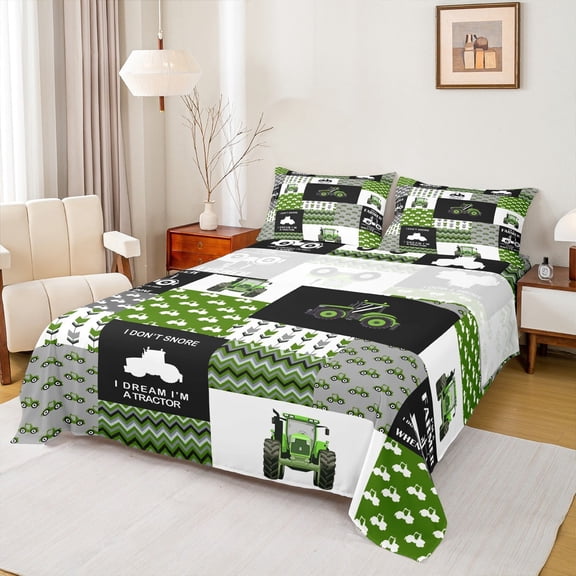 Manfei Harvester Excavator Queen Sheet Sets,Geometric Waves Striped Flat Sheet,Green Patchwork Grid Queen Fitted Sheet For Kids,Ultra Soft Home Decor,4pcs