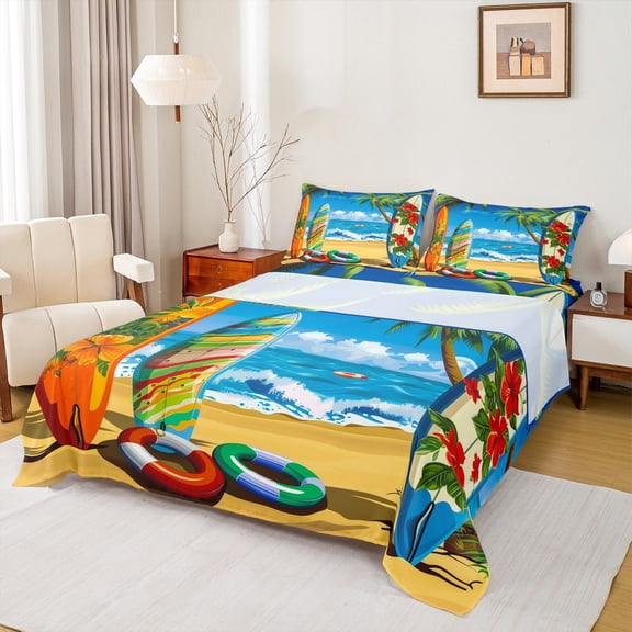 Manfei Hawaii Beach Bed Sheets Set Twin Size,Ocean Sea Beach Bedding Sets Twin Size,Surfboard Coconut Tree Bed Sheets Twin,Ultra Soft Bedroom Decoration,4-Piece