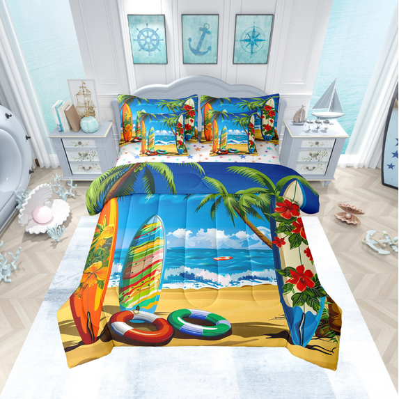 Manfei Hawaii Beach Bedding Sets Twin Size,Ocean Sea Beach Comforter Sets with Sheets,Surfboard Coconut Tree Bed in a Bag Twin Size,Ultra Soft Bedroom Decoration Reversible,7-Piece