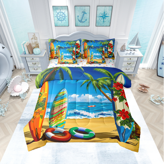 Manfei Hawaii Beach Bedding Sets Twin Size,Ocean Sea Beach Comforter Sets with Sheets,Surfboard Coconut Tree Bed in a Bag Twin Size,Ultra Soft Bedroom Decoration Reversible,7-Piece