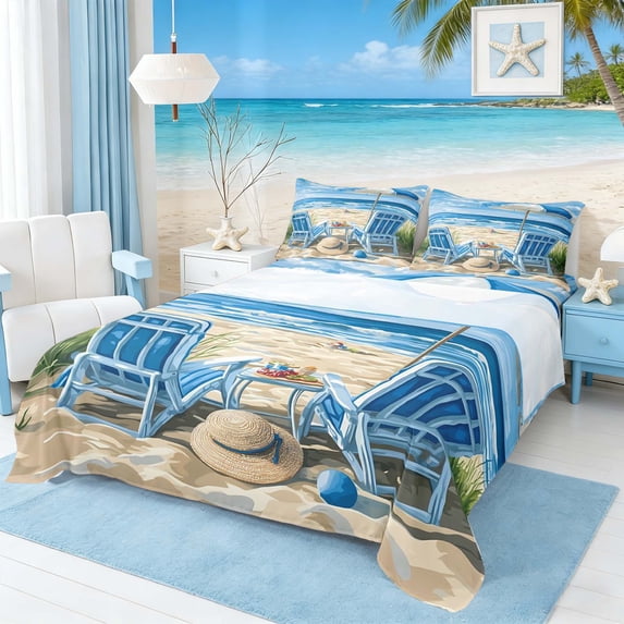 Manfei Hawaii Beach Full Size Sheets for Kids Boys and Girls, Coastal Vacation Print Bed Sheets 4 Pieces, 1 Flat Sheet, 1 Fitted Sheet and 2 Pillowcases