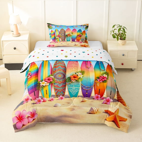 Manfei Hawaii Sea Beach Holiday Twin Comforter Sets,Colorful Surfboards Bedding Set,Polkadot Reversible,2pcs,1 Comforter and 1 Pillowcase