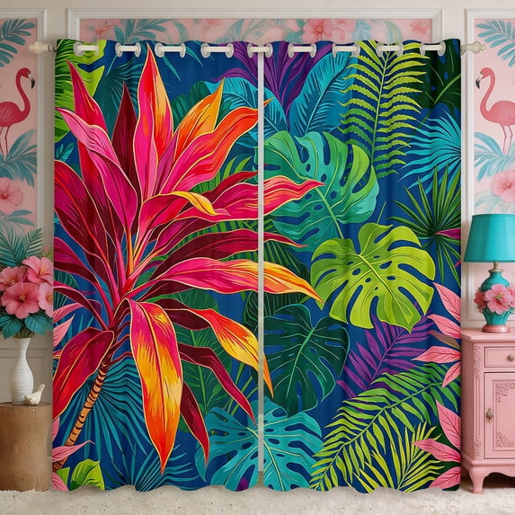 Manfei Hawaiian Leaves Blackout Curtains Set of 2 (52x84 Each),Tropical Botanical Plants Curtain
