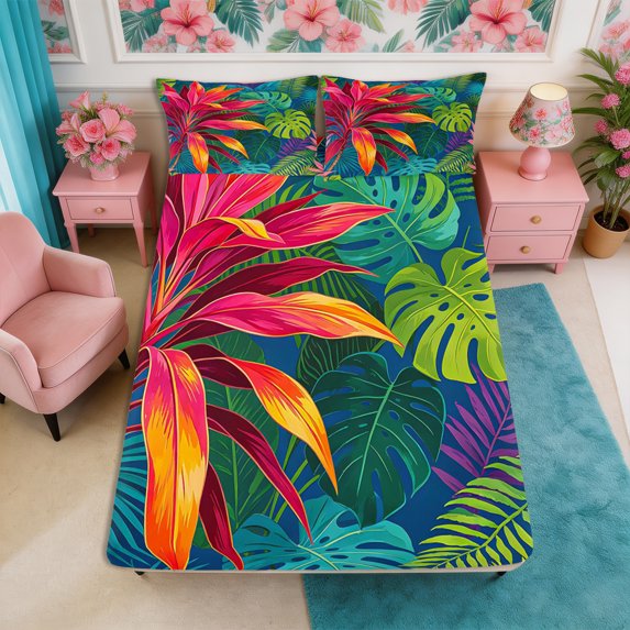 Manfei Hawaiian Leaves Fitted Sheet Queen 3-Piece,Tropical Botanical Plants Bedding,1 Fitted Sheet and 2 Pillowcases