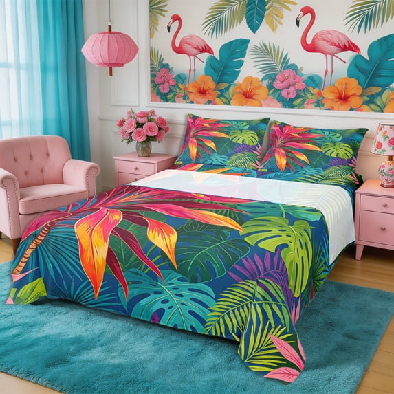 Manfei Hawaiian Leaves King Sheets 4pcs,Tropical Botanical Plants Bedding,1 Flat Sheet,1 Fitted Sheet and 2 Pillowcases