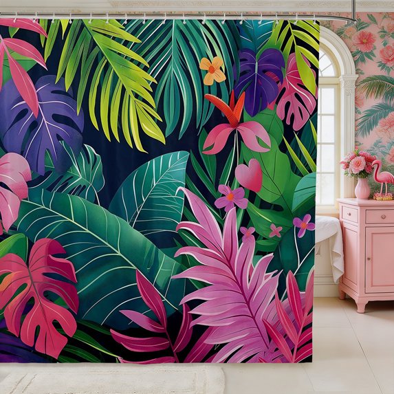 Manfei Hawaiian Leaves Shower Curtain 72Wx72L,Tropical Botanical Plants Bathroom Curtain