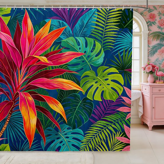 Manfei Hawaiian Leaves Shower Curtain 72Wx84L,Tropical Botanical Plants Bathroom Shower Curtain