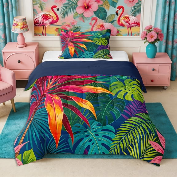 Manfei Hawaiian Leaves Twin Comforter Sets 2pcs,Tropical Botanical Plants Bedding Set,1 Comforter and 1 Pillowcase,Reversible
