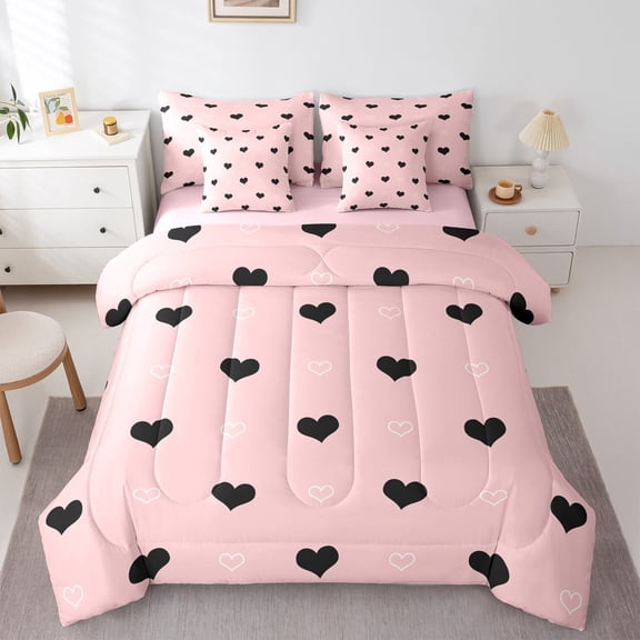 Manfei Heart Print 7 Pieces Bedding Comforter Set,Romantic Loves Pattern Full Bedding Set,Girl Pink Black Fitted Sheet Flat Sheet For Kids,Breathable Home Decor Reversible