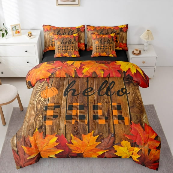 Manfei Hello Fall 7-Piece Twin Bedding Sets,Autumn Fall Maples Bedding Comforter Set,Old Barn Door Sheet Sets For Children,Breathable Home Decor Reversible
