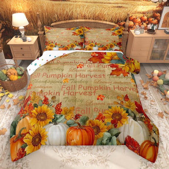 Manfei Hello Fall Bedding Comforter Set,Autumn Pumpkin Maples Twin Comforter Sets,Rustic Framhouse Cabin Bedding Set For Adults, Microfiber Bedroom Decor Reversible,2-Piece