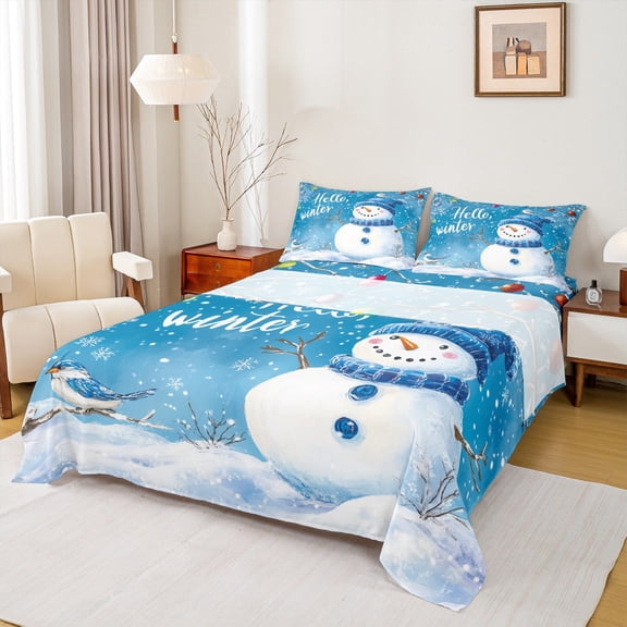 Manfei Winter Snowman Twin Sheet Set,Christmas Holiday Print,3-Piece