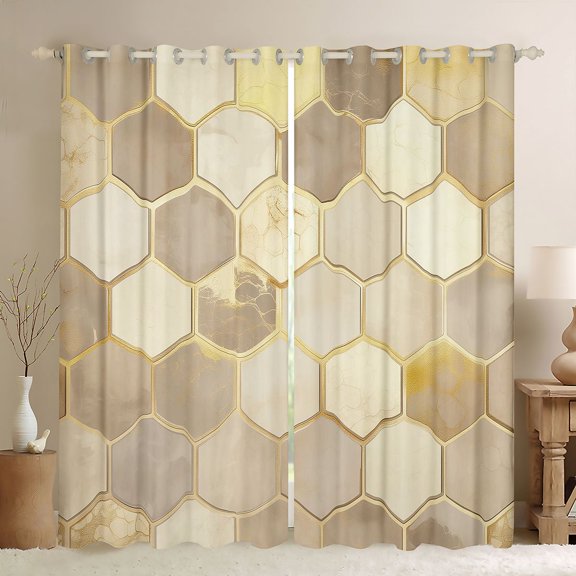 Manfei Hexagon Honeycomb Blackout Curtains Set of 2 (52x84 Each), Marble Curtain, Beige Gold