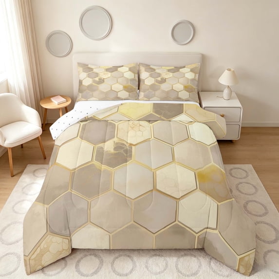 Manfei Hexagon Honeycomb Queen Comforter Set, Marble Comforter Sets Queen, Beige Gold, Reversible 3pcs, 1 Comforter and 2 Pillowcases