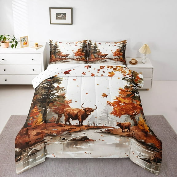 Manfei Highland Cattle 3 Pieces Queen Comforter Set,Jungle Animal Ultra Soft Bedding Sets,Tree Leaves Bedding Comforter Set,Lightweight Autumn Room Decor,Reversible