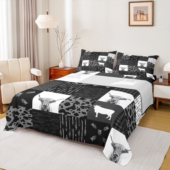 Manfei Highland Cattle Bed Sheets Set Full Size, Rustic Farmhouse Bed Sheets Full, Animal Bedding Full Size, Super Cozy Bedroom Decor, 4 Pieces