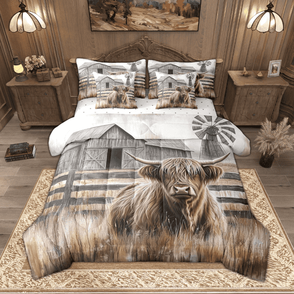 Manfei Highland Cattle Bedding Comforter Set 7 Pieces, Rustic Farmhouse Windmill Queen Bedding Sets, Farm Animal Queen Sheet Sets, Breathable Home Decor