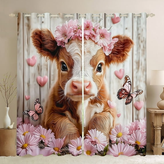 Manfei Highland Cattle Black Out Curtains for Kids, Pink Daisy Butterfly Heart Curtains Pack of 2 (42x63 Each) for Girls, Rustic Barn Door Bedroom Curtains, Luxury Bedroom Decor