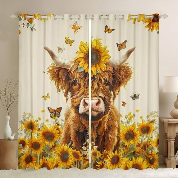 Manfei Highland Cattle Black Out Curtains, Vibrant Orange Sunflower Curtains Pack of 2 (42x63 Each), Rustic Farmhouse Animal Bedroom Curtains, Curtains and Drapes Decor