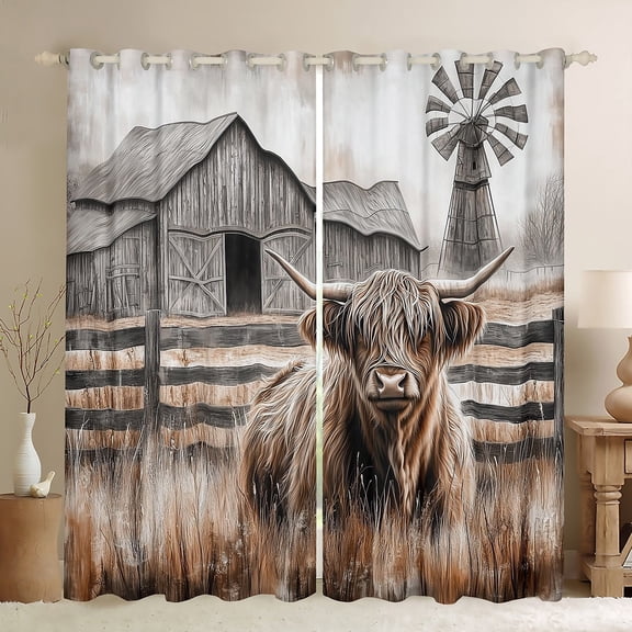 Manfei Highland Cattle Black Out Curtains, Rustic Farmhouse Windmill Curtains Pack of 2 (42x63 Each), Farm Animal Bedroom Curtains, Luxury Home Decor