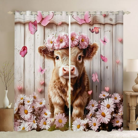 Manfei Highland Cattle Kids Curtains Pack of 2 (42x84 Each), Pink Blossoms Flower Curtains Blackout, Rustic Farmhouse Bedroom Curtains, Curtains and Drapes Decor