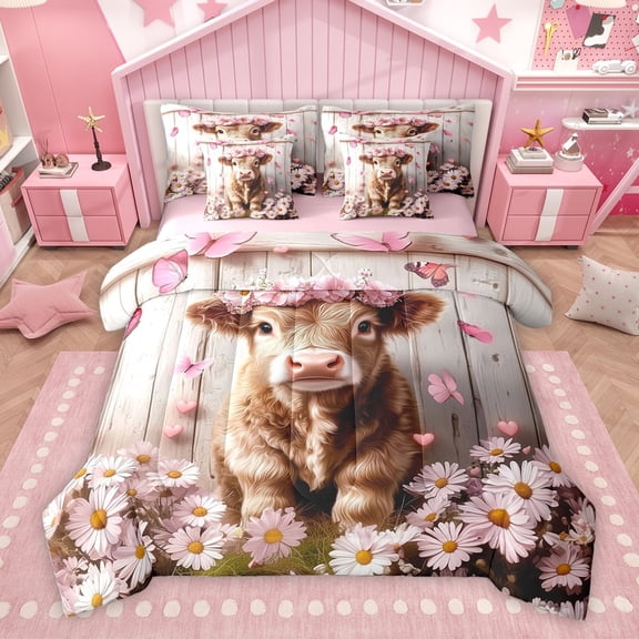 Homewish Highland Cattle Kids Twin Bedding Sets 7-Piece, Pink Blossoms Flower Bedding Comforter Set, Rustic Farmhouse Reversible Sheet Sets, Luxury Bedroom Decor