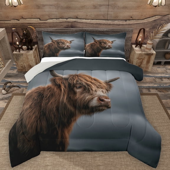 Manfei Highland Cattle Queen Comforter Set,Rustic Farm Animal Bedding Sets,Brown Gray Bedding Comforter Set For Adults,Breathable Home Decor Reversible,3pcs