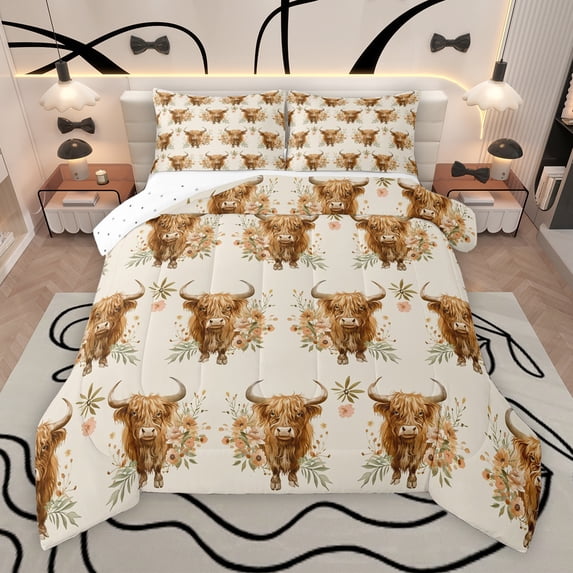 Manfei Highland Cattle Queen Comforter Set, Vibrant Orange Groovy Bedding Sets, Rustic Farmhouse Animal Reversible Bedding Comforter Set, Luxury Bedroom Decor, 3pcs