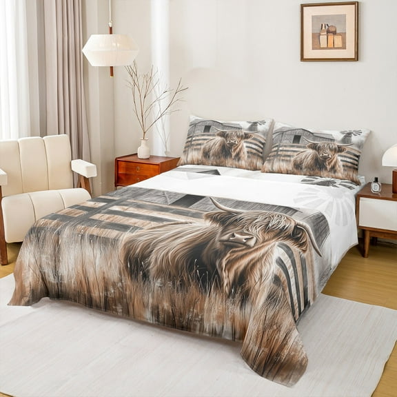Manfei Highland Cattle Twin Sheet Sets, Rustic Farmhouse Windmill Twin Fitted Sheet, Farm Animal Flat Sheet, Breathable Home Decor 3-Piece