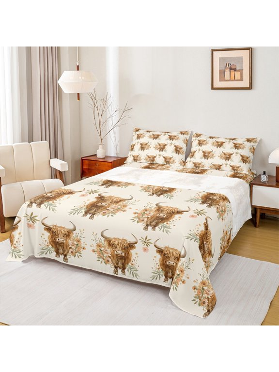 Highland Cattle Twin Sheet Sets, Vibrant Orange Groovy Twin Fitted Sheet, Rustic Farmhouse Animal Flat Sheet, Luxury Bedroom Decor, 3pcs