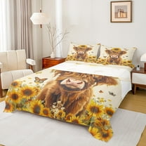 Manfei Highland Cattle Twin Sheet Sets, Vibrant Orange Sunflower Twin Fitted Sheet, Rustic Farmhouse Animal Flat Sheet, Microfiber Bedroom Decor, 3 Pieces