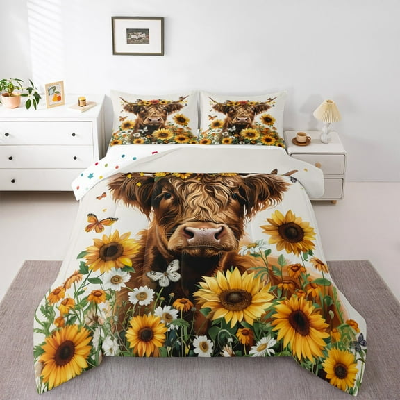 Manfei Highland Cow 2pcs Bedding Comforter Set,Floral Sunflower Twin Comforter Sets,Flying Butterfly Breathable Bedding Set,Microfiber Teenager Bedroom Decor,Reversible
