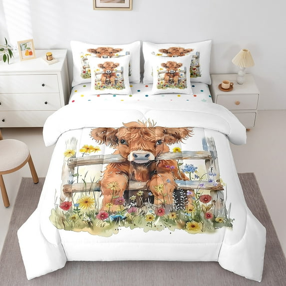 Manfei Highland Cow 7 Pieces Bedding Comforter Set,Kawaii Animal Full Bedding Set Lightweight,Watercolor Flower Fitted Sheet Flat Sheet,Ultra Soft Floral Home Decor,Reversible