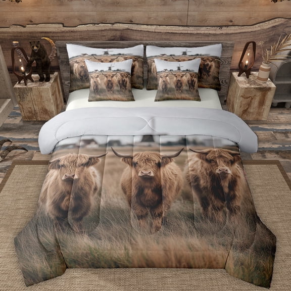 Manfei Highland Cow 7pcs Bedding Comforter Set,Farm Animal Queen Bedding Sets,Rustic Plant Queen Sheet Sets For Men Women,Microfiber Bedroom Decor Reversible
