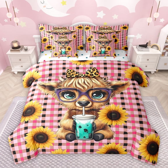 Manfei Highland Cow Bedding Comforter Set 7-Piece for Boys Girls,Rustic Floral Sunflower King Bedding Sets,Geometric Plaid Ultra Soft Bed Sheets,Breathable Home Decor,Reversible