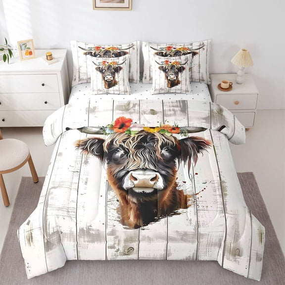 Manfei Highland Cow Bedding Comforter Set 7-Piece for Teens Adults,Lodge Cabin King Bedding Sets,Western Farmhouse Ultra Soft Bed Sheets,Ultra Soft Home Decor,Reversible