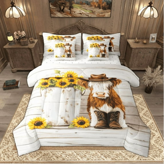 Manfei Highland Cow Bedding Comforter Set 7 Pieces, Chic Sunflower Blossom Queen Bedding Sets, Cowboy Boots Barn Door Queen Sheet Sets Lightweight Room Decor