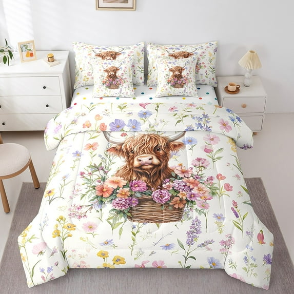 Feelyou Highland Cow Bedding Comforter Set 7 Pieces, Farmhouse Floral Flower Full Bedding Set, Kawaii Farm Animal Fitted Sheet Flat Sheet, Microfiber Room Decor