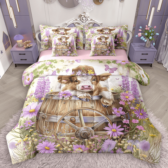 Manfei Highland Cow Bedding Comforter Set 7 Pieces for Kids, Colorful Daisy Floral Queen Bedding Sets, Rustic Farmhouse Queen Sheet Sets, Lightweight Room Decor
