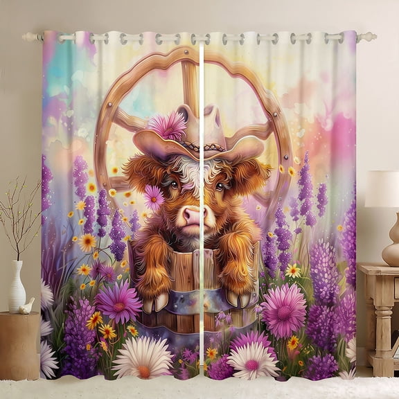 Manfei Highland Cow Black Out Curtains for Kids, Colorful Daisy Floral Curtains Pack of 2 (42x63 Each), Rustic Farmhouse Bedroom Curtains, Luxury Home Decor