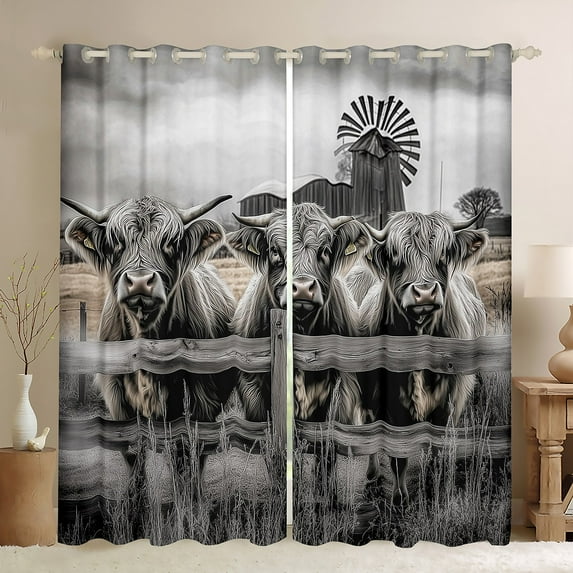 Manfei Highland Cow Curtains Pack of 2 (42x84 Each), Rustic Windmill Curtains Blackout, Vintage Farmhouse Living Room Curtains, Luxury Bedroom Decor