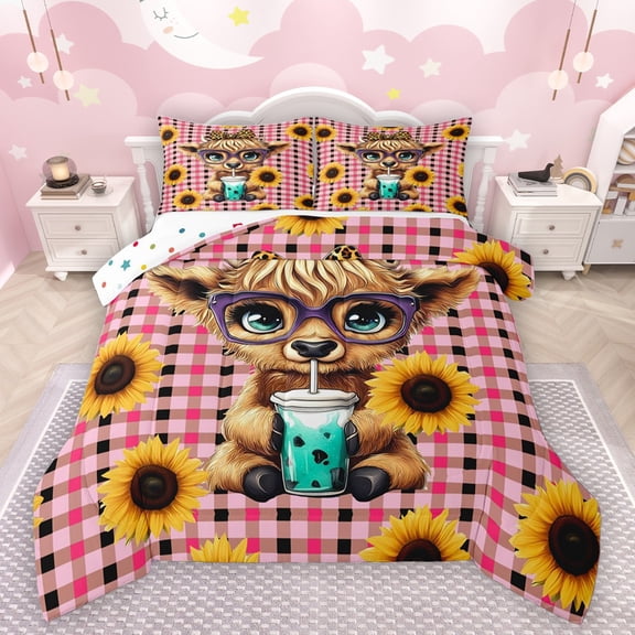Manfei Highland Cow Full Size Comforter Sets 3-Piece for Boys Girls,Rustic Floral Sunflower Bedding Comforter Set,Geometric Plaid Lightweight Bedding Sets,Breathable Home Decor,Reversible