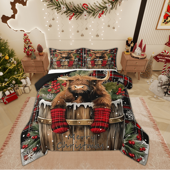 Manfei Highland Cow Full Size Comforter Sets for Kids, Merry Christmas Bedding Comforter Set, Rustic Farmhouse Reversible Bedding Sets, Luxury Bedroom Decor, 3 Pieces