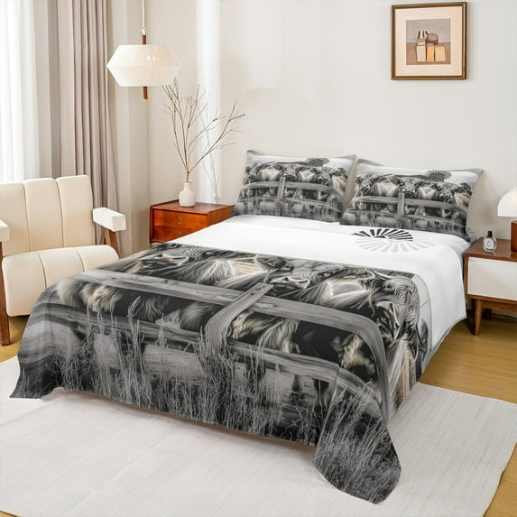 Manfei Highland Cow Full Size Sheets, Rustic Windmill Bed Sheets, Vintage Farmhouse Sheet Sets, Luxury Bedroom Decor 4 Pieces